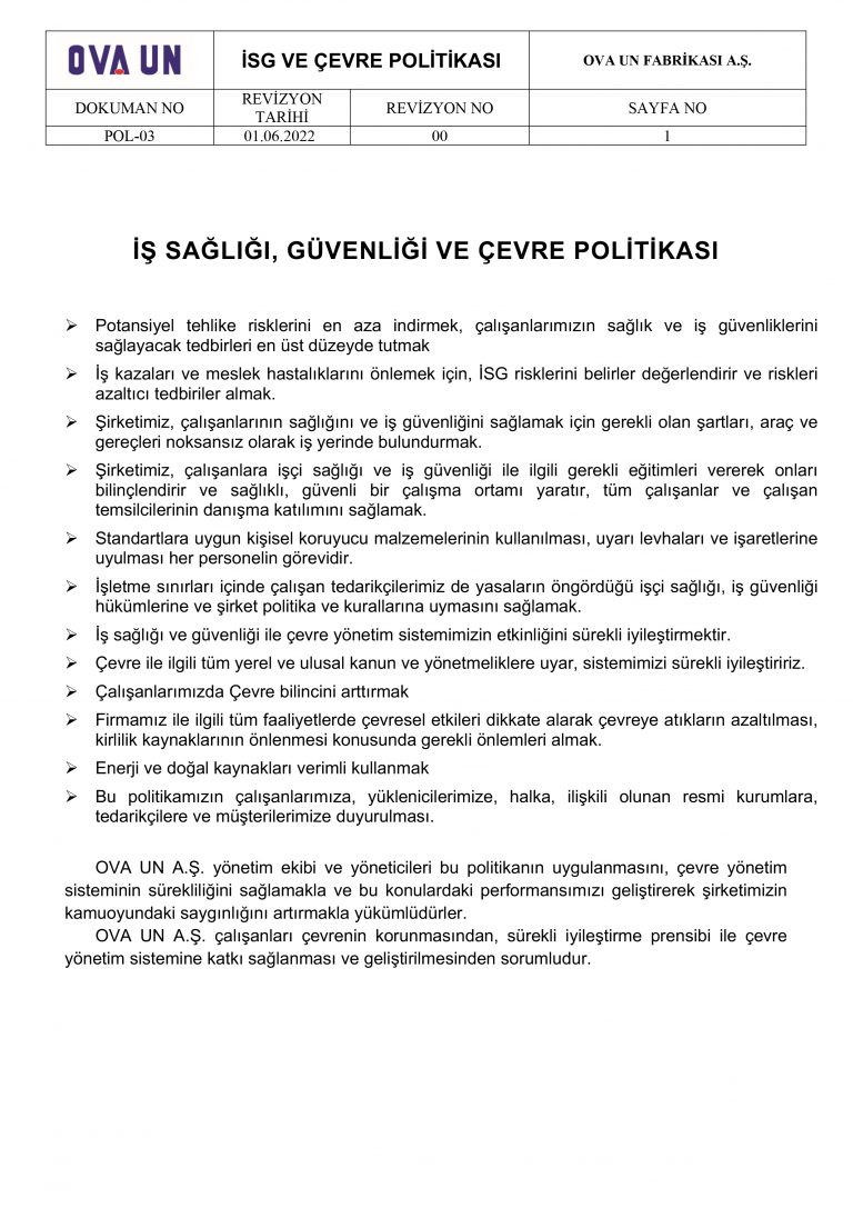 Microsoft Word - POL-03 İŞ SAĞLIĞI, GÜVENLİĞİ VE ÇEVRE
